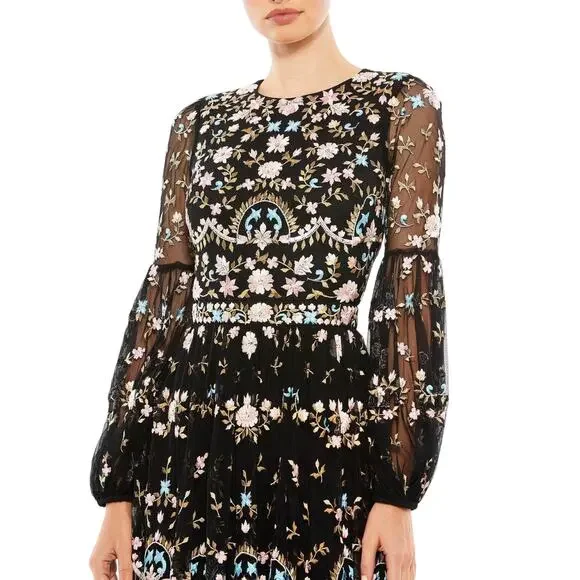 Mac Duggal NWT Floral Embellished Embroidered Gown Blouson Sleeves Size 6 Black